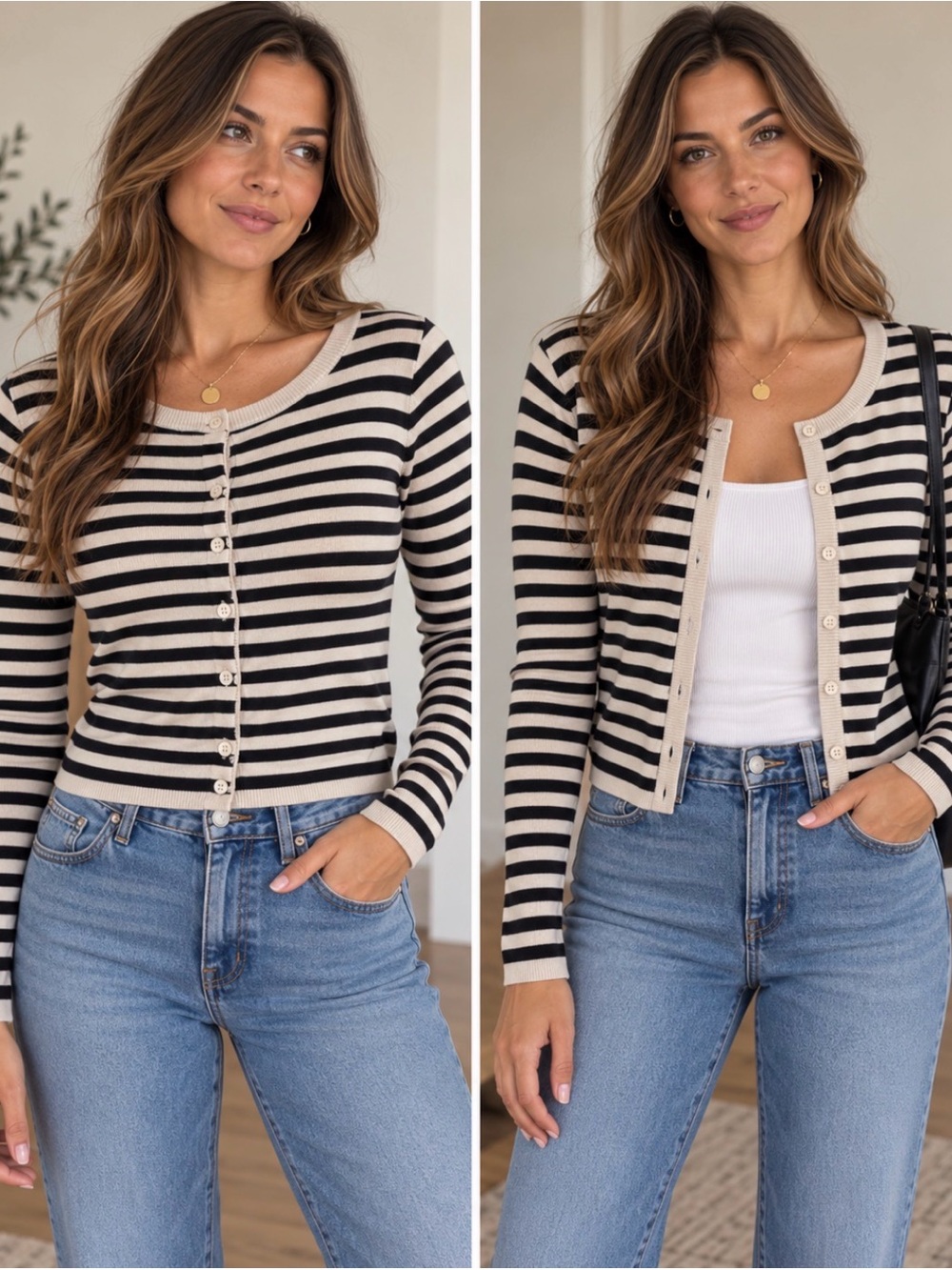 H&M Black and Cream Striped Button Cardigan